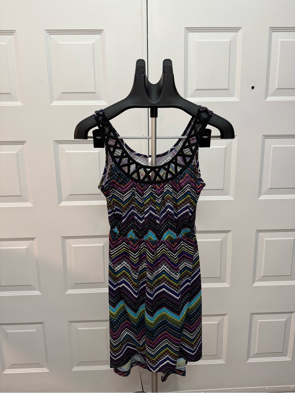 No Boundaries Multicolor Chevron Tank Dress with Black Lattice Yoke